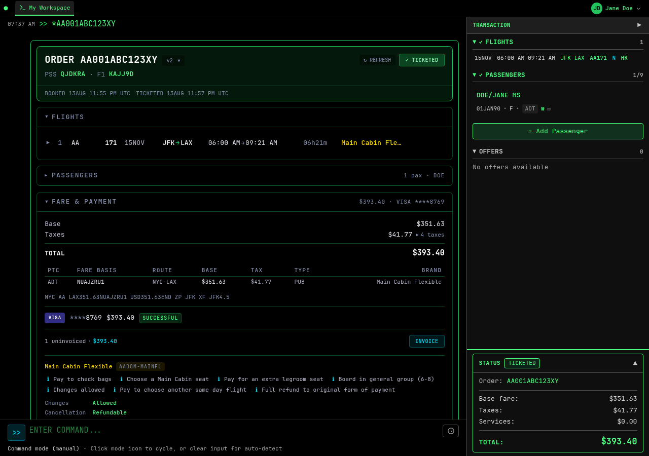 Order display after PNR retrieval