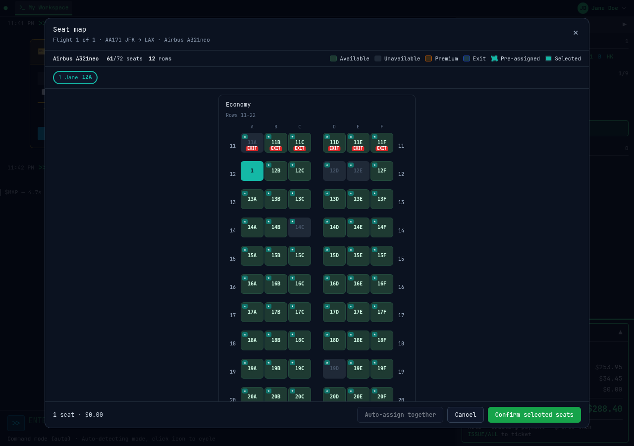 Interactive seat map with color-coded availability and pricing